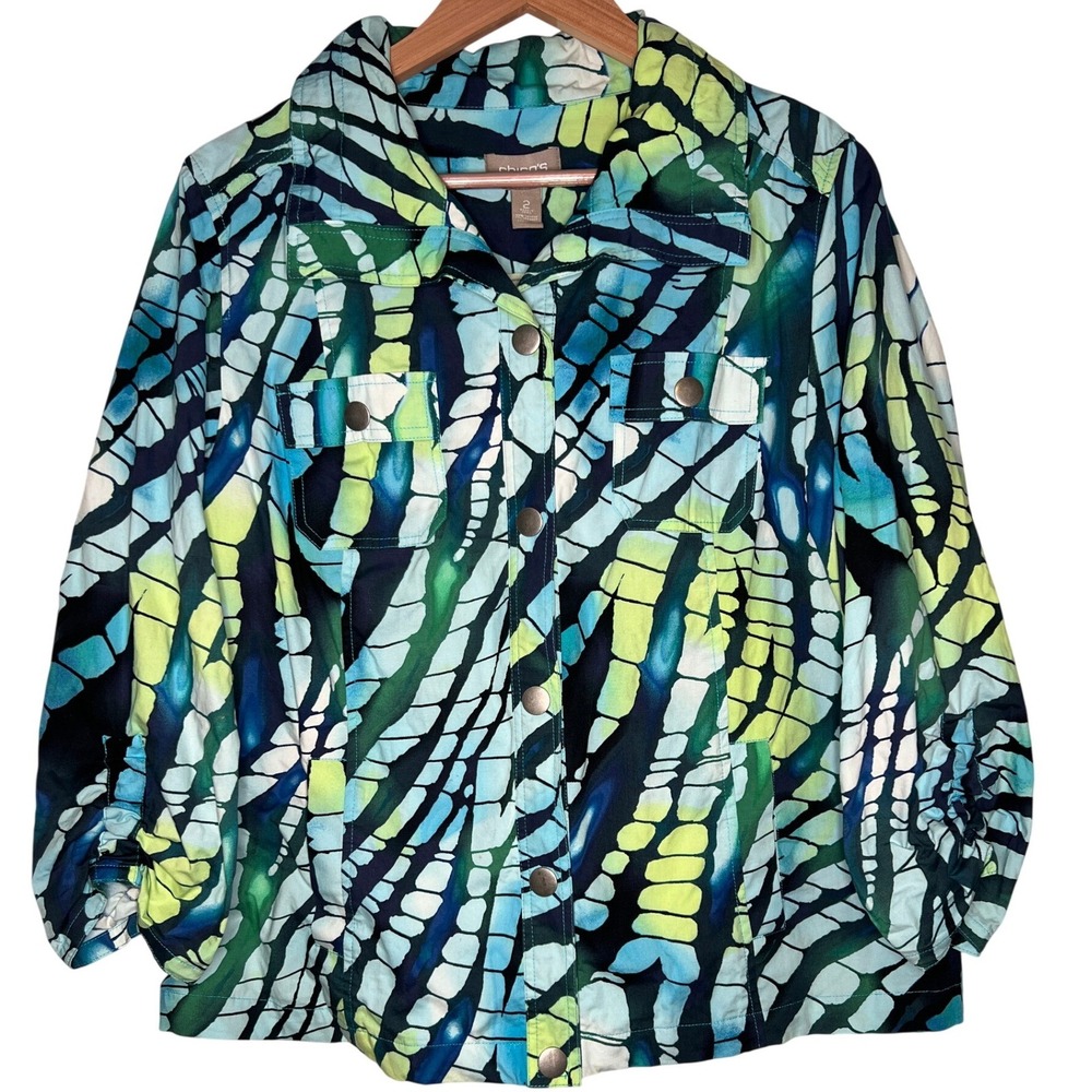 Chicos Utility Jacket Blue Green 2 Butterfly Abstract Animal Print Naturecore